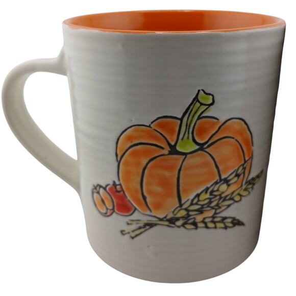 Embossed Hand Painted Fall Coffee Mugs Tea Cups Orange Interior Pumpkins Autumn - Picture 3 of 6